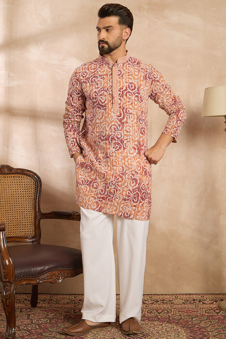 Orange Viscose Rayon Batik Embroidered Straight Kurta | SHOBITAM