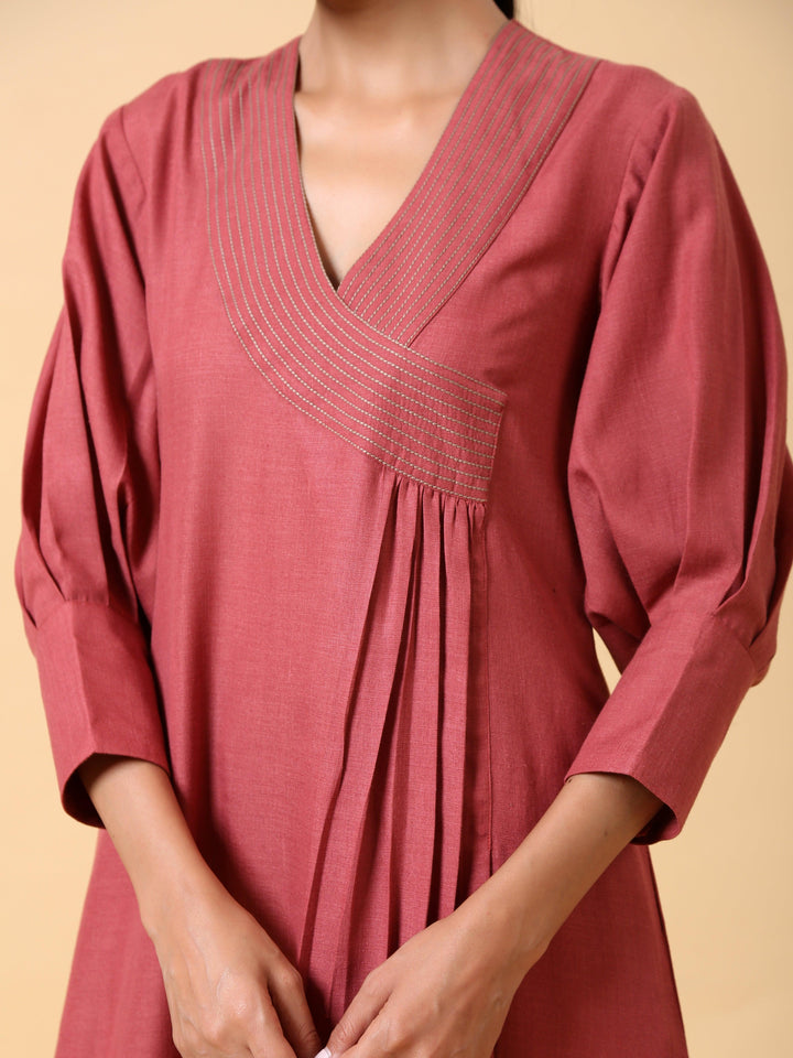 Cotton Linen Rust Red Kurta Pant Set | SHOBITAM