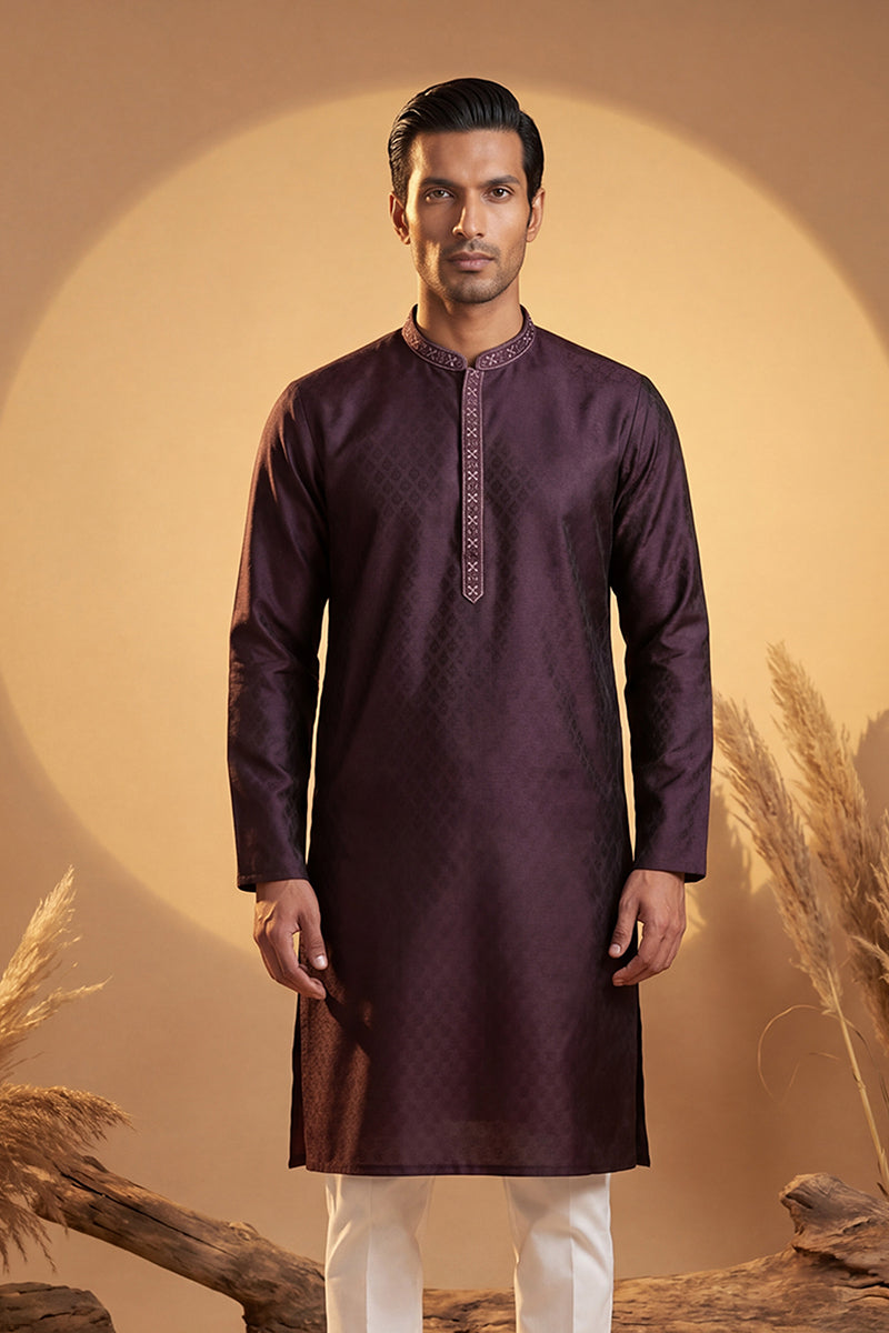 Mens Purple Silk Blend Woven Design Straight Kurta With Trouser | SHOBITAM
