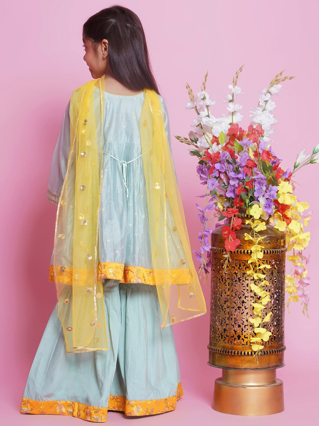 Girls Chanderi Semi-Silk Sleeveless Floral Embrodiery Kurta Frock with Sharara and Dupatta - Dolphin Green | SHOBITAM