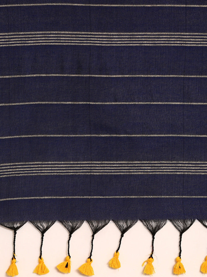 Blue Pure Cotton Saree with Long Tassels and Blouse piece