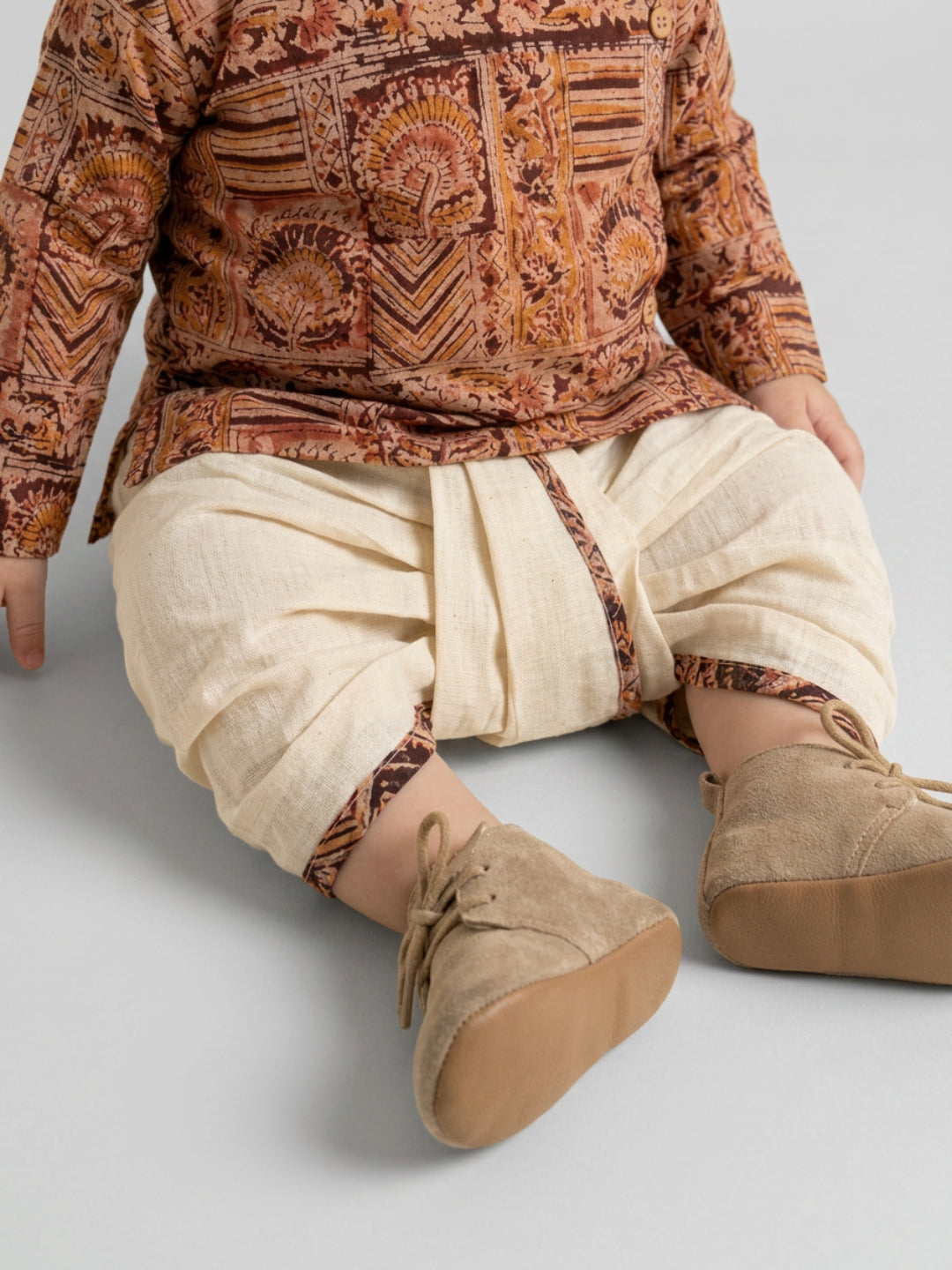 Boys Rust Brown Ethnic Printed Cotton Angrakha Style Dhoti Set | SHOBITAM