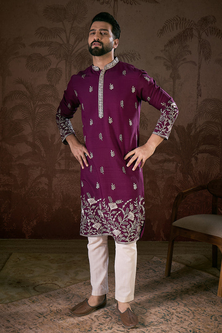 Purple Silk Blend Solid Embroidered Straight Kurta With Trouser | SHOBITAM