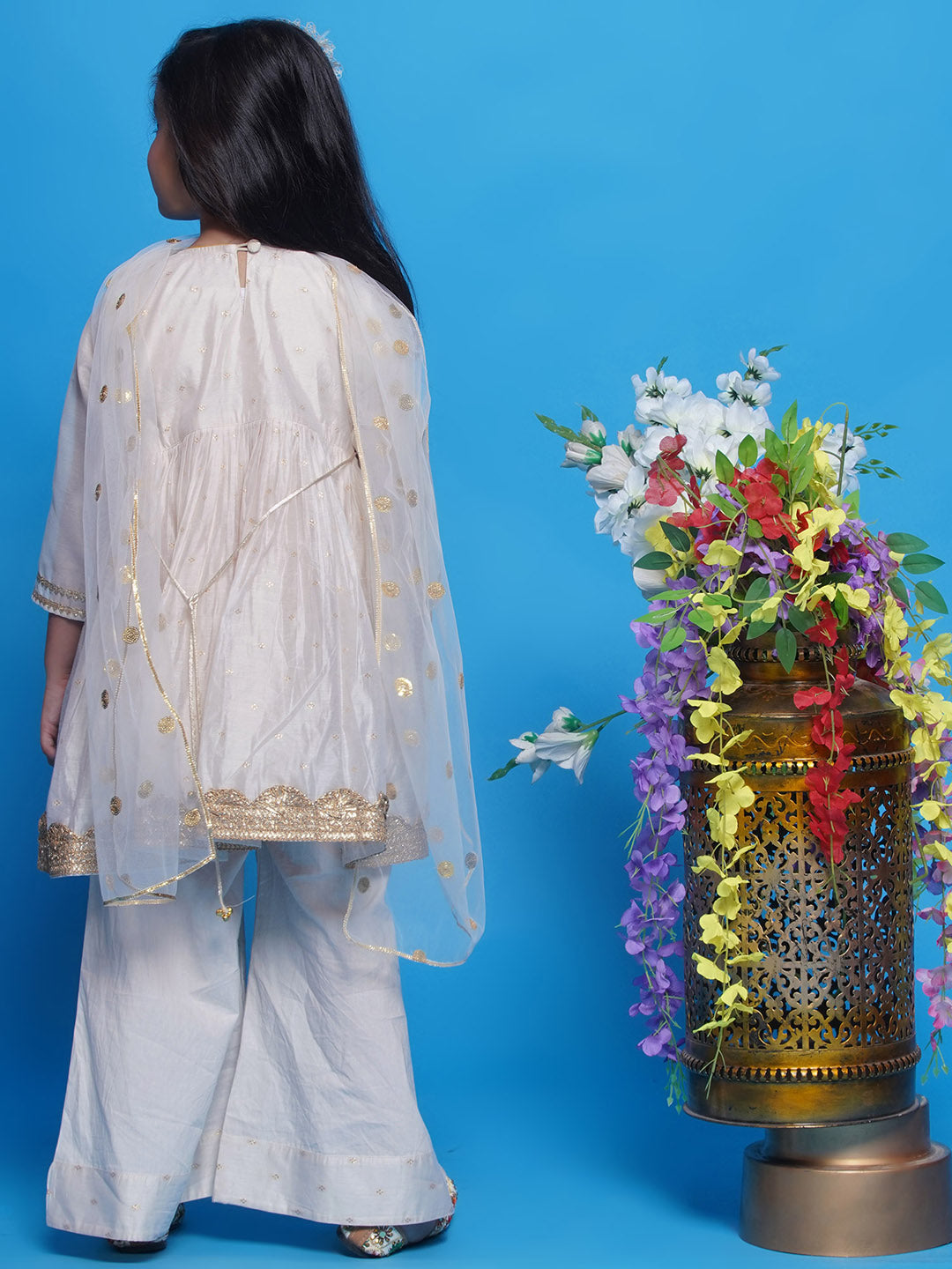Girls Chanderi Cotton Three Fourth Sleeves Kurta Frock with Plazzo and Dupatta with Boota, Lace & Tussel work - Cream | SHOBITAM
