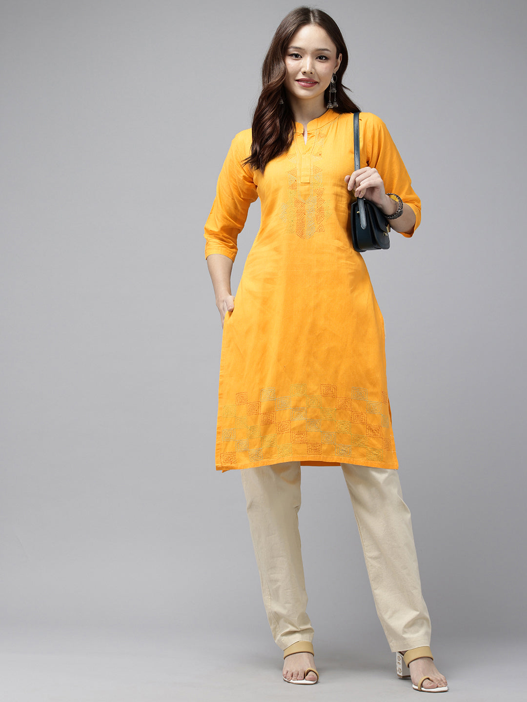 Yellow Kantha Cotton Kurta | SHOBITAM