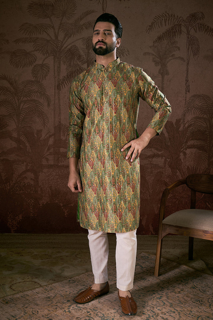 Green Silk Blend Floral Printed Straight Kurta With Trouser | SHOBITAM