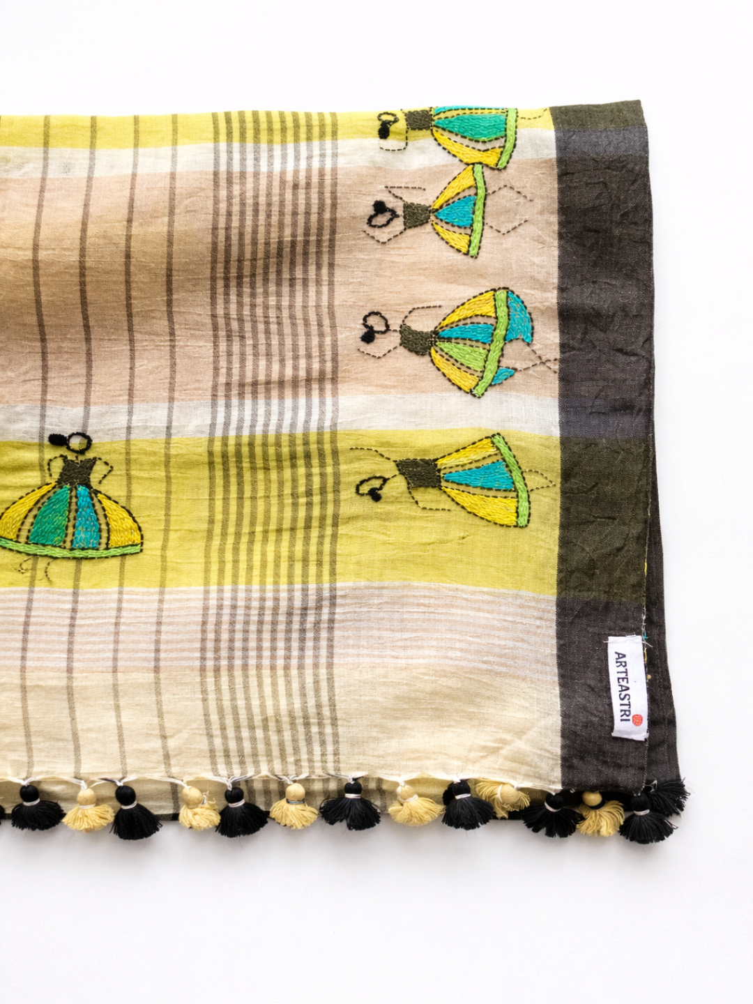 Yellow Handloom Cotton Kantha Stitch Saree with pompoms | SHOBITAM