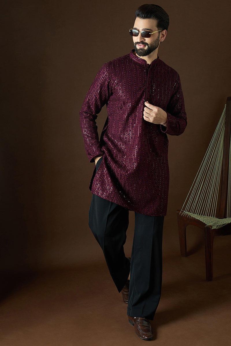 Purple Georgette Solid Embroidered Straight Kurta | SHOBITAM