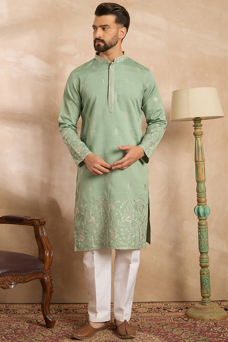 Green Silk Blend Solid Embroidered Straight Kurta With Trouser | SHOBITAM