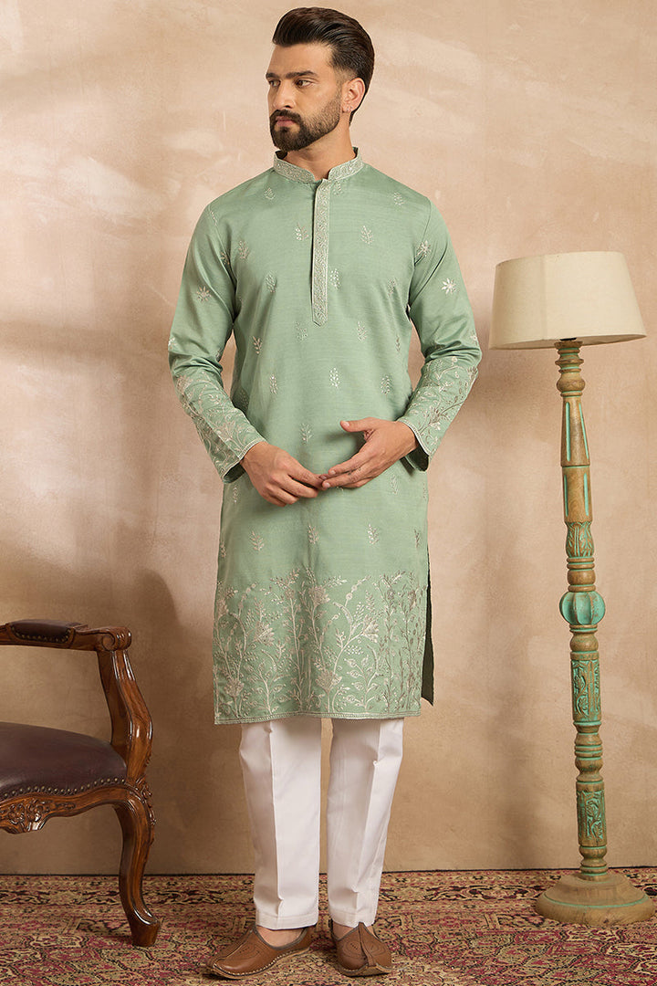 Green Silk Blend Solid Embroidered Straight Kurta With Trouser | SHOBITAM