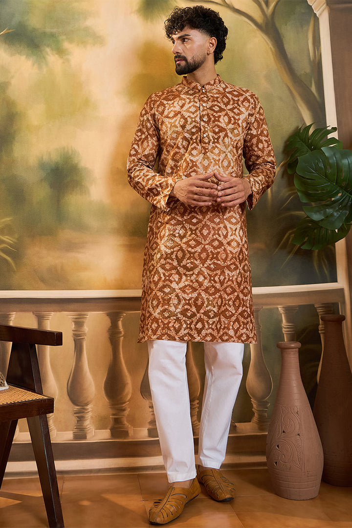 Brown Pure Cotton Batik Embroidered Straight Kurta with Trouser | SHOBITAM