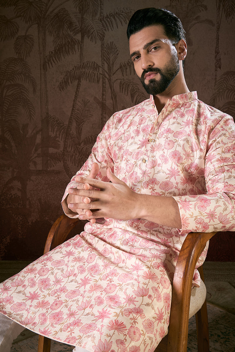Off White Silk Blend Floral Printed Straight Kurta For Men | SHOBITAM