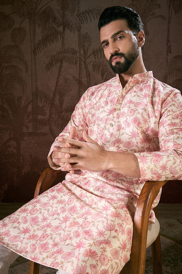 Off White Silk Blend Floral Printed Straight Kurta For Men | SHOBITAM