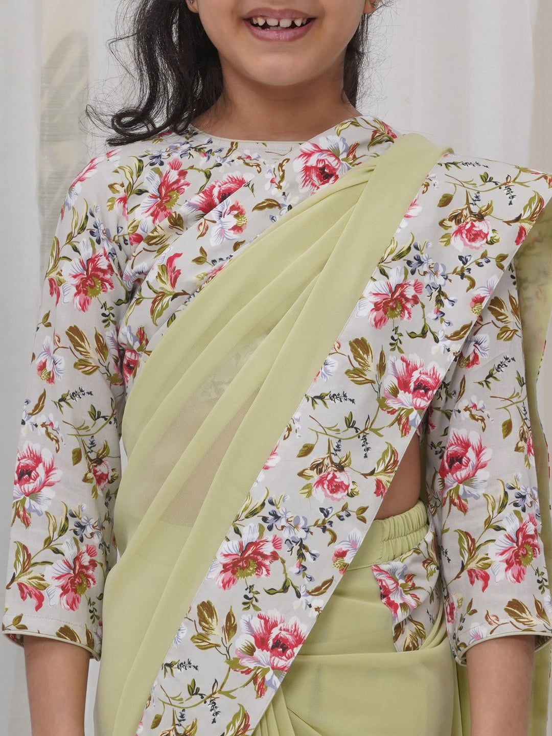 Girls Cotton Three Fourth Sleeves Floral Print Ready to wear Blouse with Ready to wear Georgette Saree - Apple Green | SHOBITAM