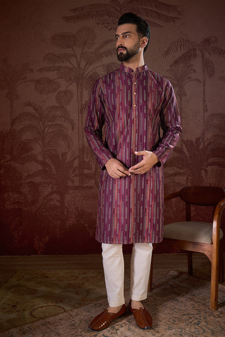 Purple Silk Blend Striped Printed Straight Kurta With Trouser | SHOBITAM