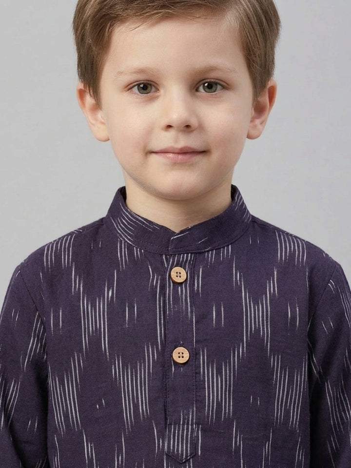 Boys Navy Blue Printed Mandarin Collar Cotton Kurta Set | SHOBITAM