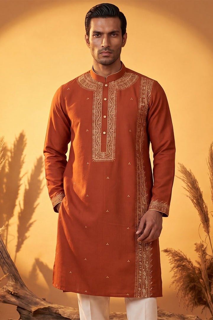 Mens Orange Silk Blend Solid Emboidered Straight Kurta With Trouser | SHOBITAM