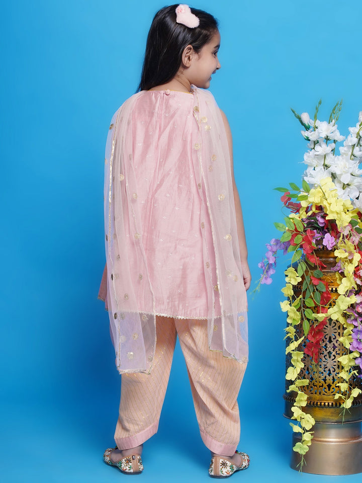 Chanderi Silk Tulip Kurta with Dhoti Salwar & Dupatta - Peachish Pink | SHOBITAM