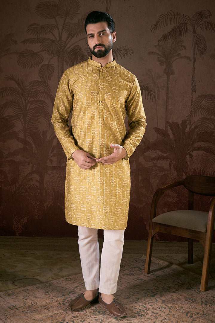 Mustard Silk Blend Ethnic Motifs Printed Straight Kurta For Men | SHOBITAM