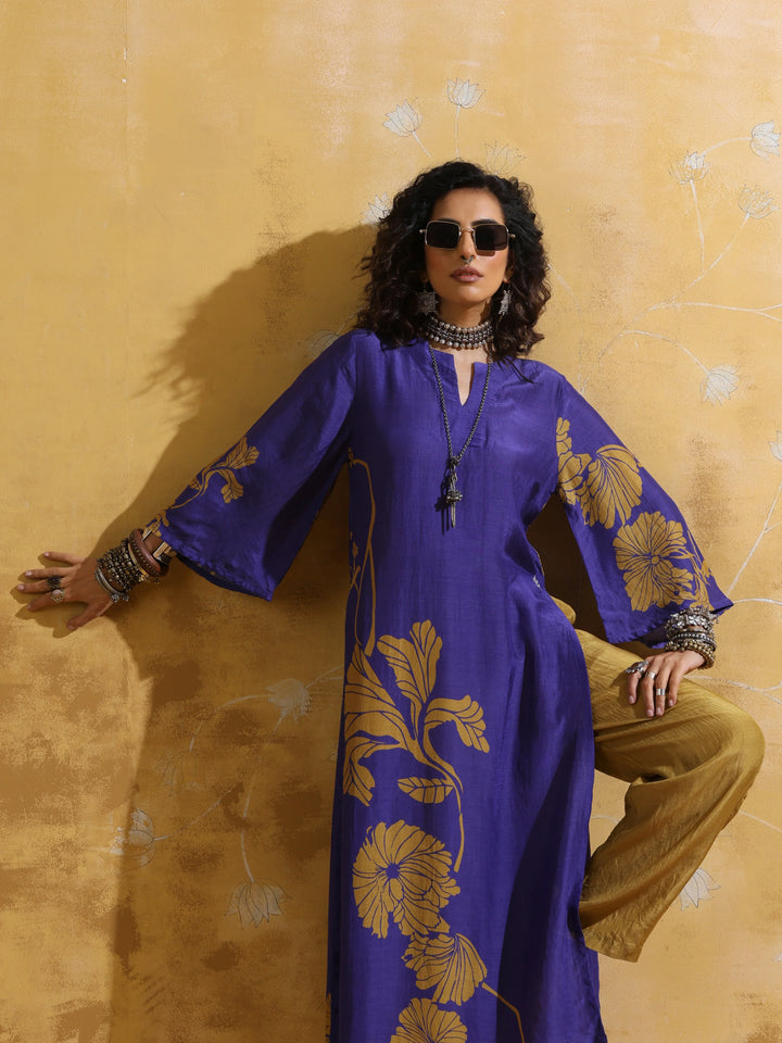 Purple Mustard Floral Print Muslin Silk High-Slit Kurta Set  | SHOBITAM