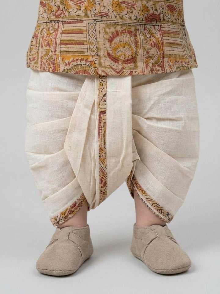 Boys Beige Ethnic Printed Cotton Angrakha Style Dhoti Set | SHOBITAM