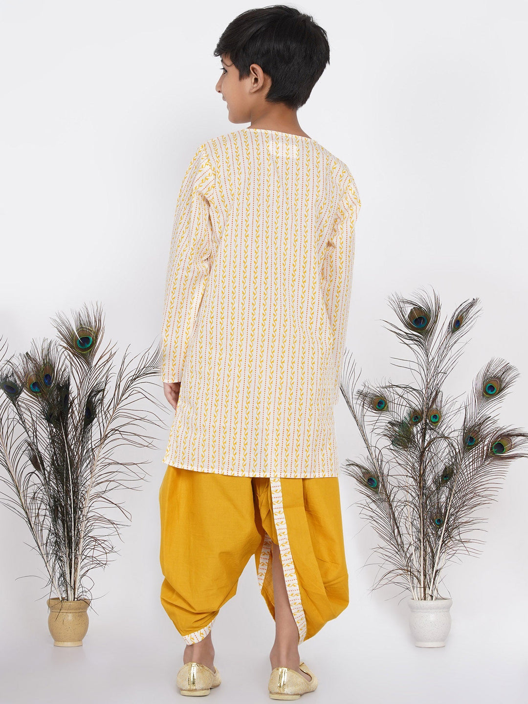Boys Leaf Print Kurta with Pearl Buttons and Dhoti in Cream and yellow  | SHOBITAM