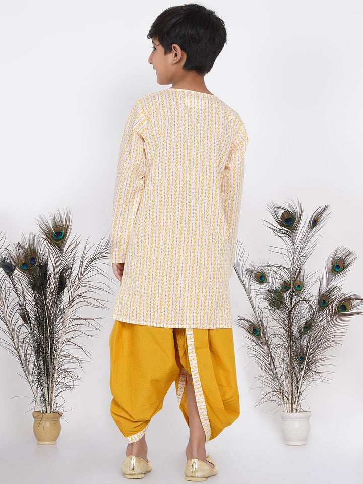 Boys Leaf Print Kurta with Pearl Buttons and Dhoti in Cream and yellow  | SHOBITAM