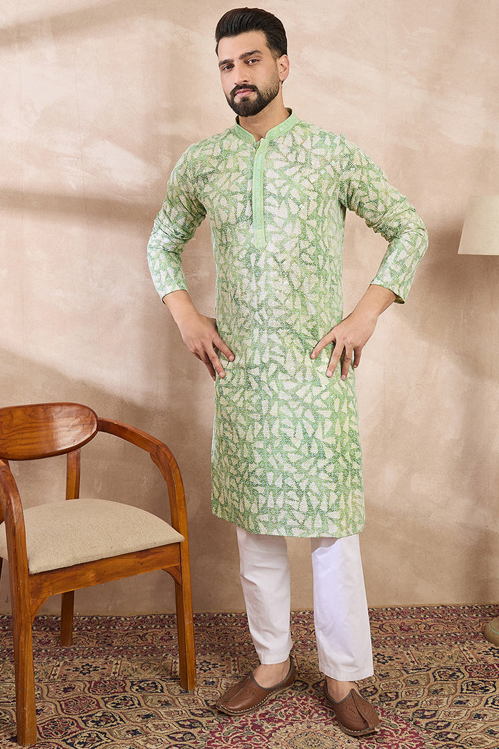 Green Viscose Rayon Ethnic Motifs Embroidered Straight Kurta With Trouser | SHOBITAM