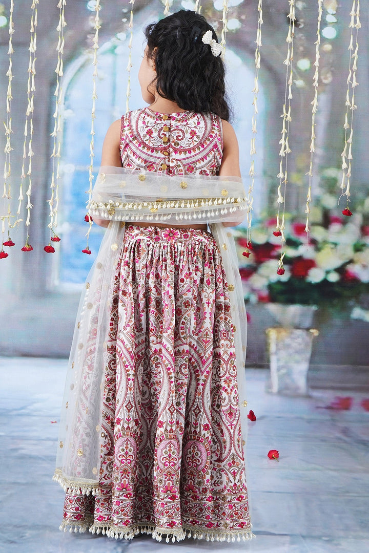 Girls Multi color Mughal Pattern Floral Thread work Cream Lehenga with Blouse and Dupatta with Pearl Detailing and Hand made Tassel | SHOBITAM