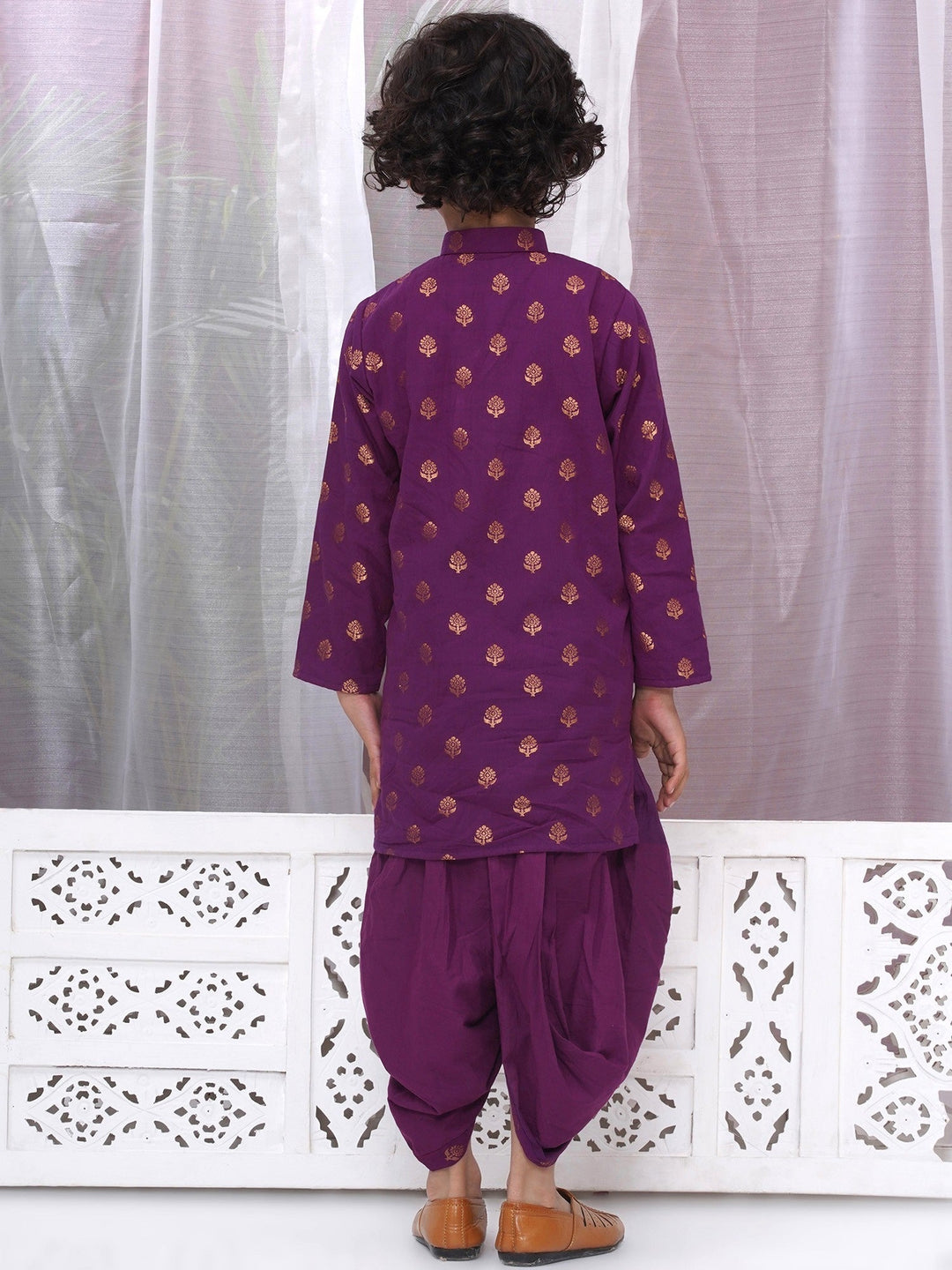 Boys Cotton Full Sleeves Kurta and Dhoti with Golden Floral Zari Work- Purple | SHOBITAM
