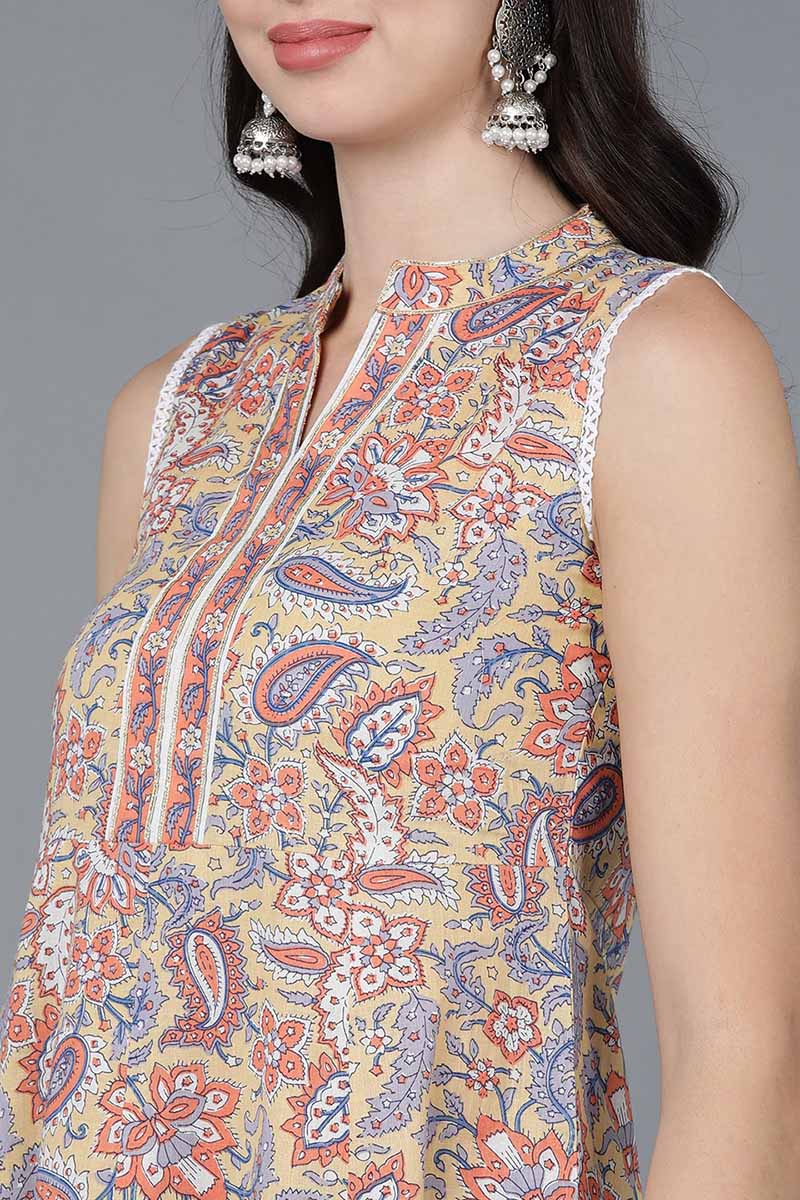 Yellow Cotton Flared Kurta Palazzo With Dupatta | SHOBITAM