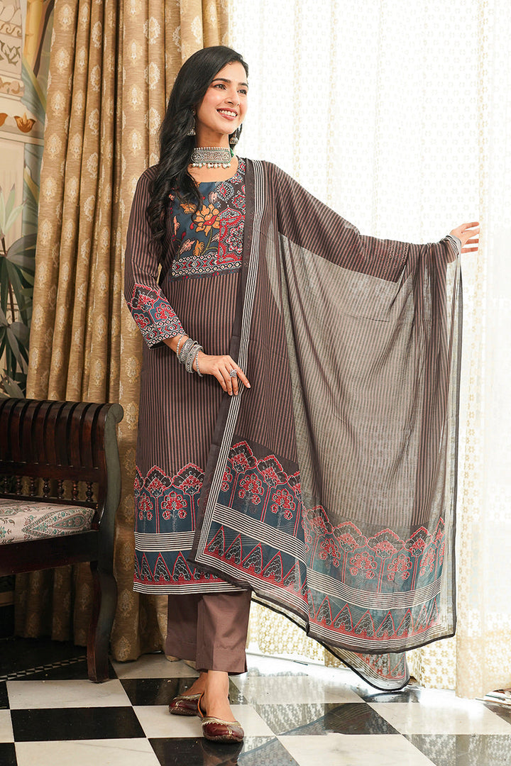 Brown Cotton Blend Ethnic Motifs Printed Straight Kurta Trousers With Dupatta | SHOBITAM