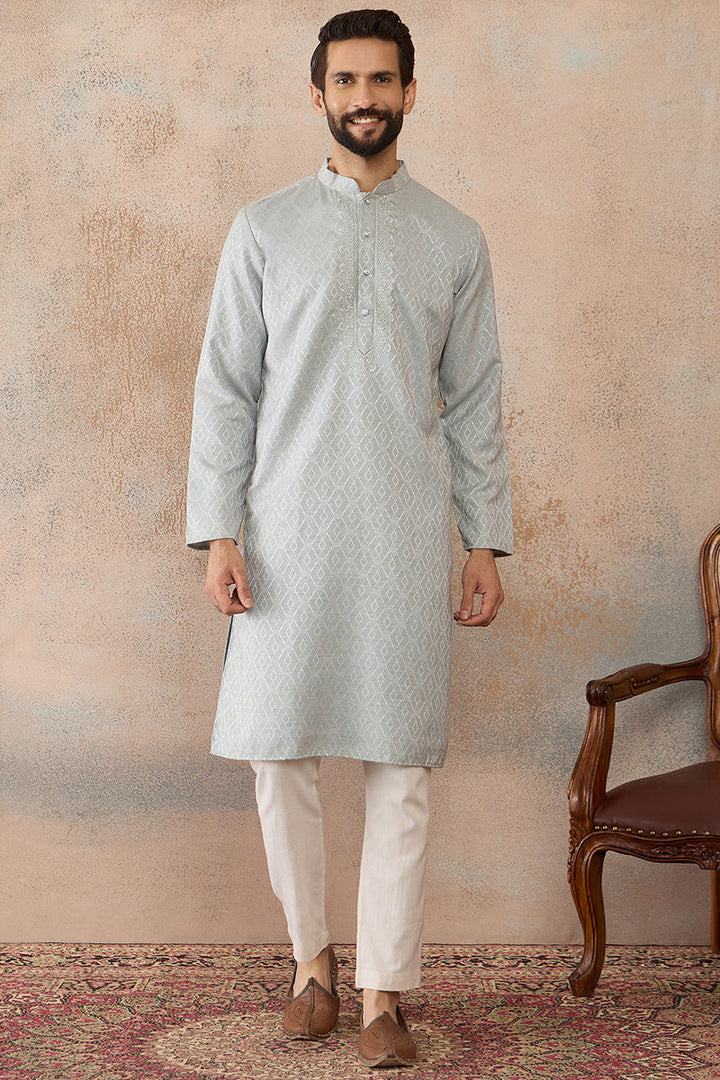 Mens Blue Linen Self Design Embroidered Kurta With Trouser | SHOBITAM