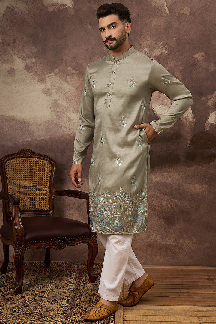 Green Silk Blend Solid Embroidered Straight Kurta with Trouser  | SHOBITAM