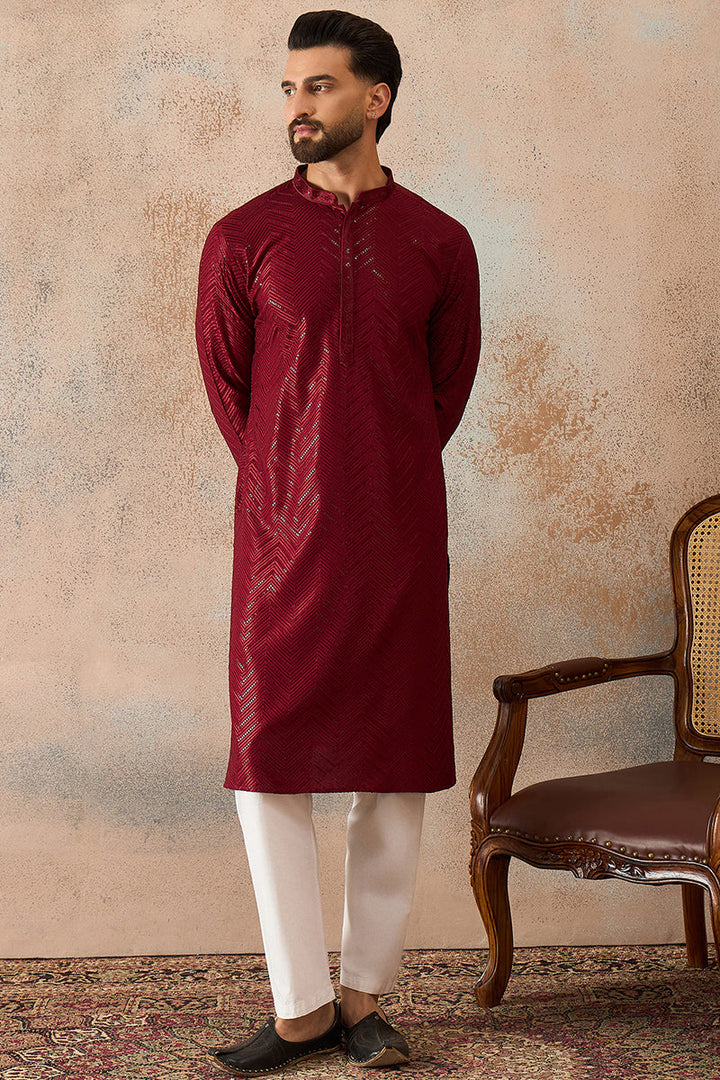 Maroon Rayon Embroidered Straight Kurta | SHOBITAM