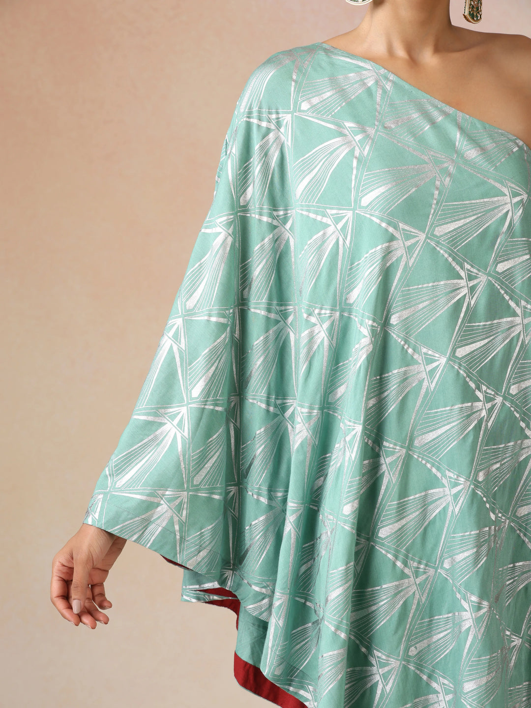 Mint Green Silver Foil Print Muslin Silk Asymmetric One-Shoulder Kurta Co-ord Set | SHOBITAM