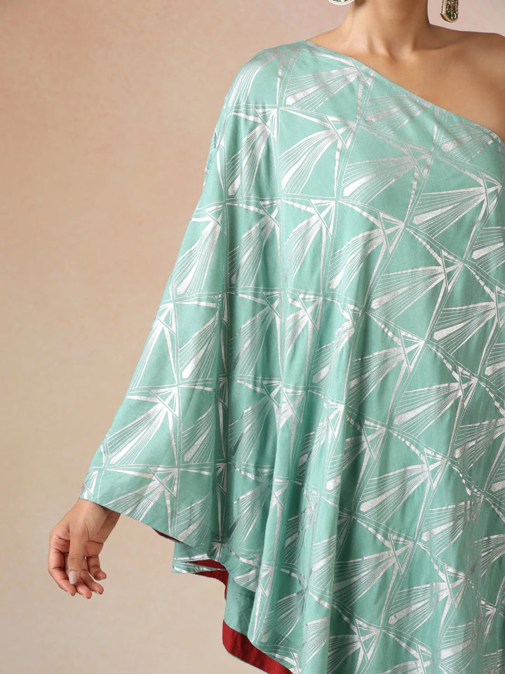 Mint Green Silver Foil Print Muslin Silk Asymmetric One-Shoulder Kurta Co-ord Set | SHOBITAM