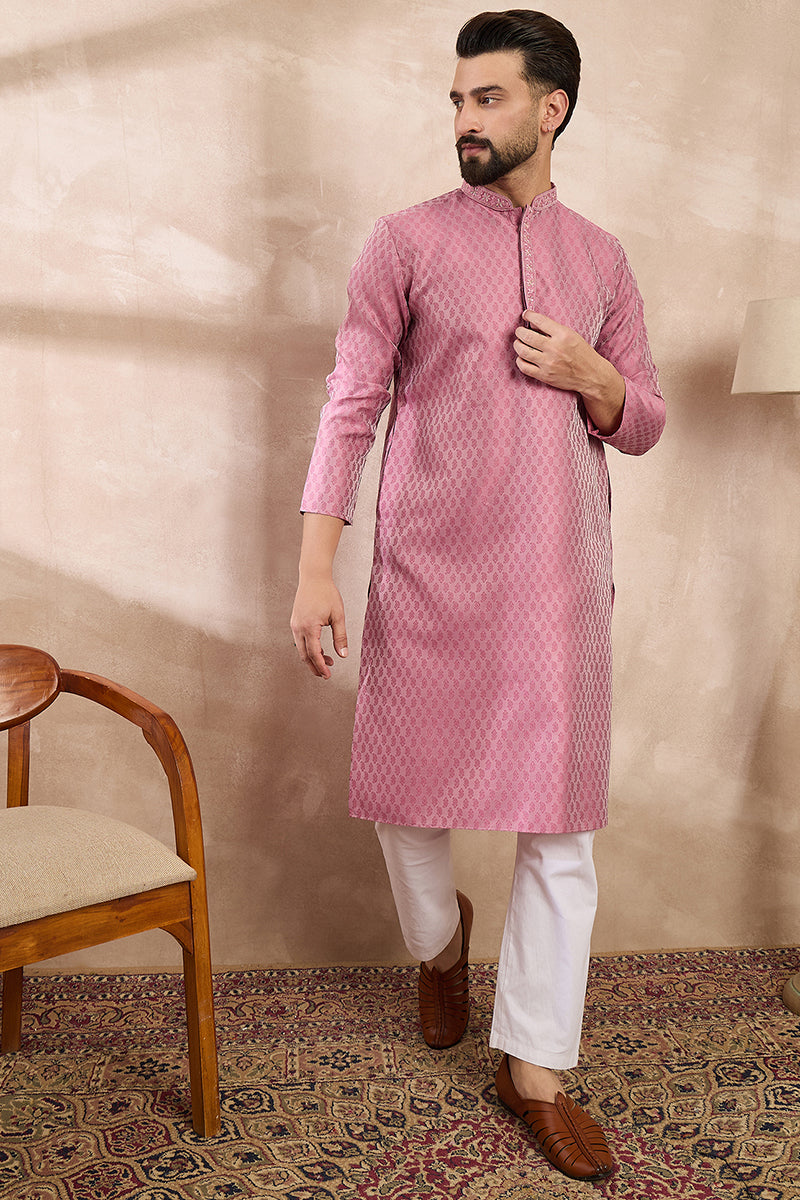 Pink Silk Blend Solid Woven Design Straight Kurta With Trouser | SHOBITAM