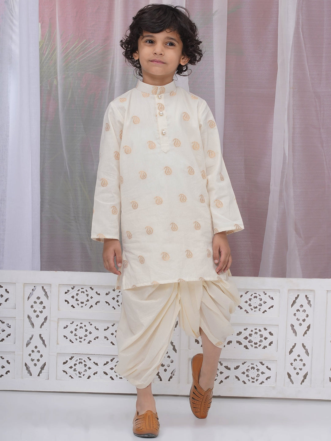 Boys Cotton Full Sleeves Kurta and Dhoti with Golden Paisley Zari Work- Cream | SHOBITAM