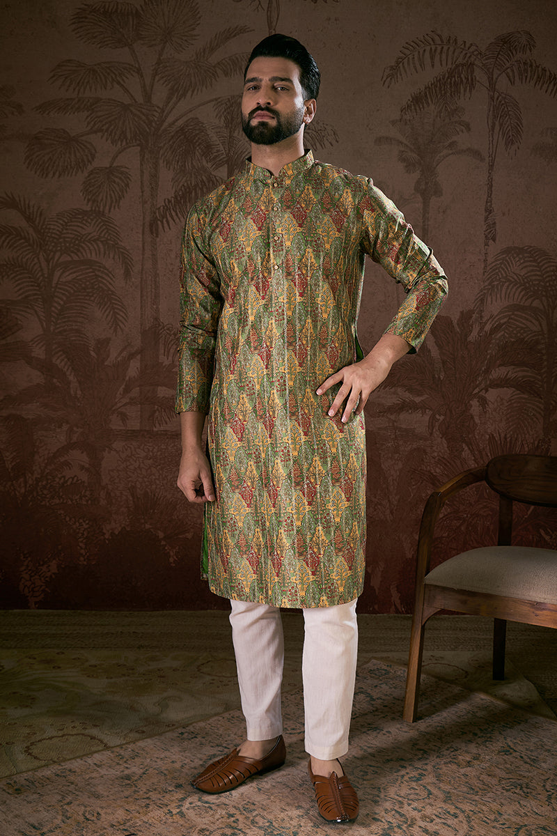 Green Silk Blend Floral Printed Straight Kurta For Men | SHOBITAM