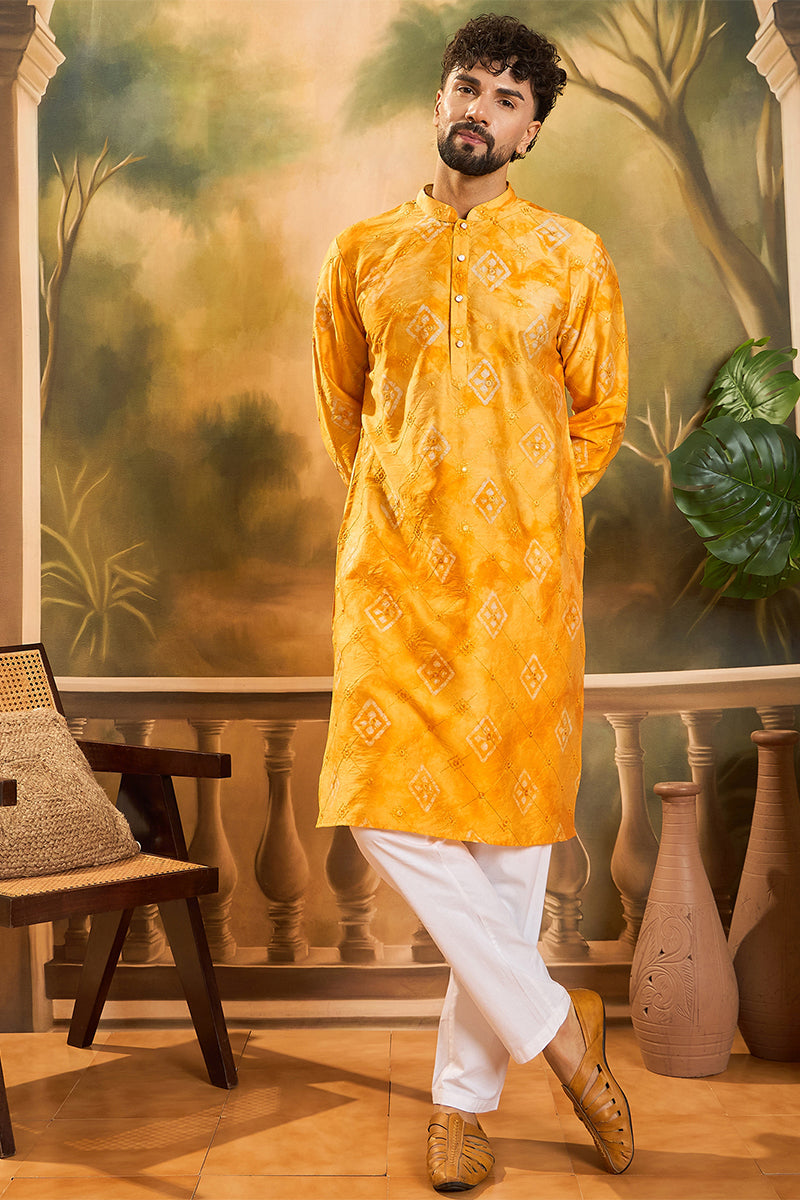 Orange Silk Blend Batik Embroidered Straight Kurta with Trouser | SHOBITAM