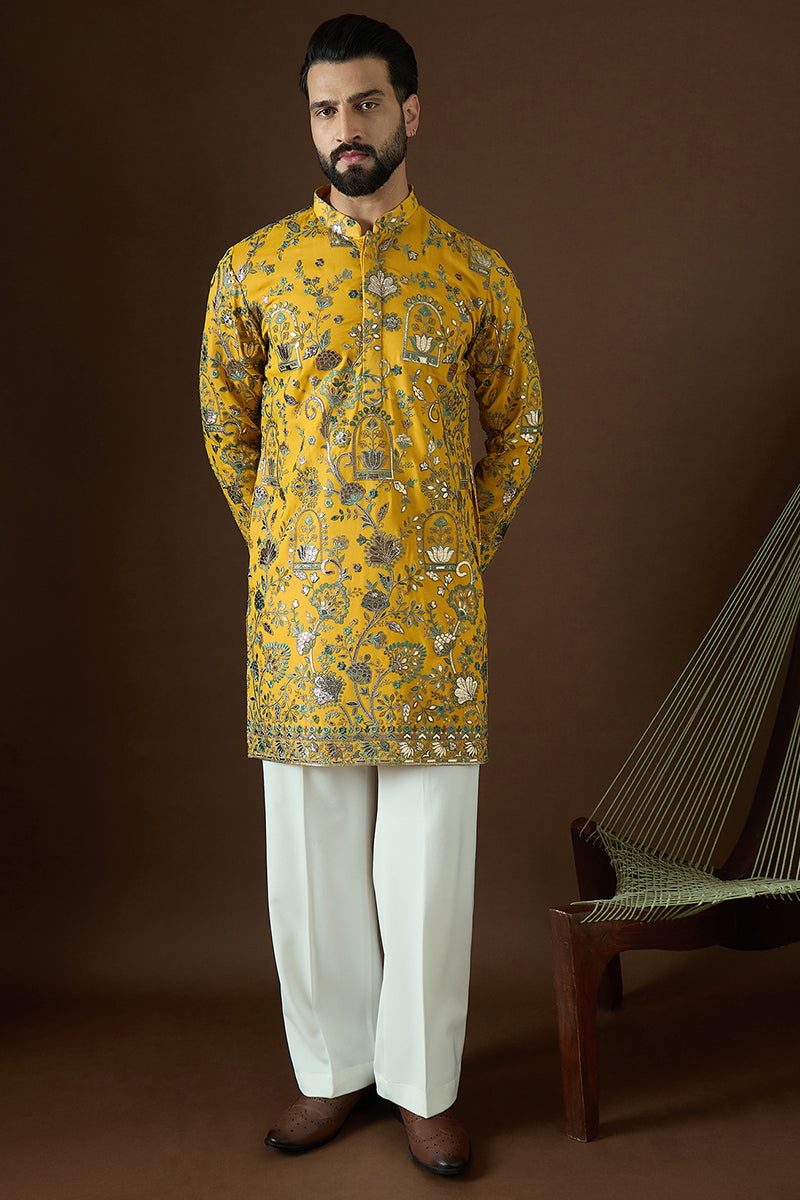 Yellow Georgette Solid Embroidered Straight Kurta | SHOBITAM