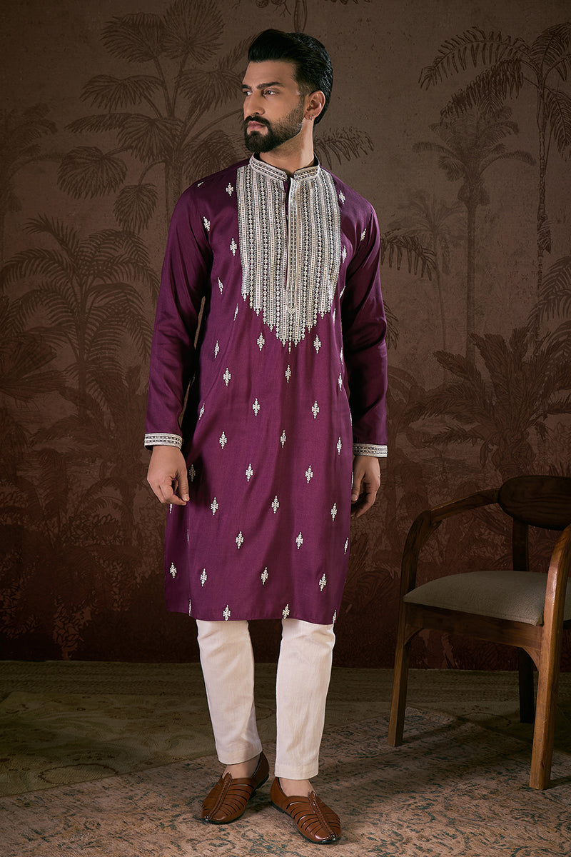 Purple Silk Blend Solid Embroidered Straight Kurta | SHOBITAM