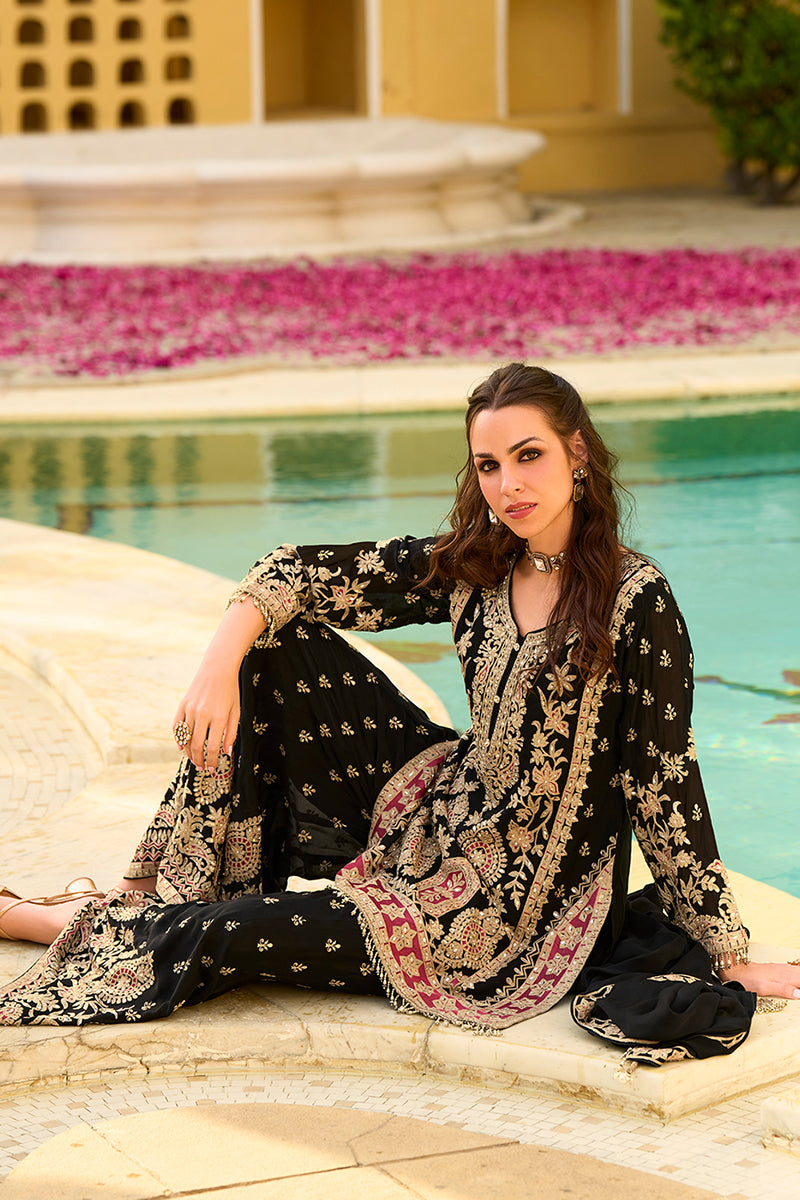 Black Chinon Chiffon Embroidered Straight Kurta Sharara with Dupatta| SHOBITAM