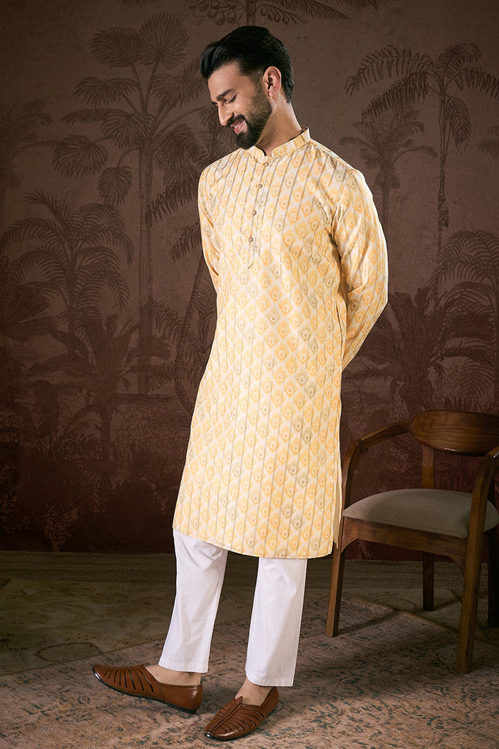 White Silk Blend Ethnic Motifs Printed Straight Kurta For Men | SHOBITAM