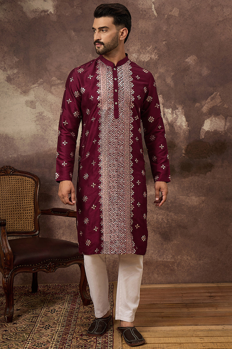 Maroon Silk Blend Solid Embroidered Straight Kurta | SHOBITAM