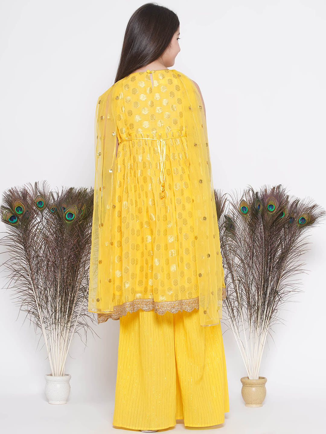 Banarsi Floral Frock Style Kurta with Gold Strip Sharara & Dupatta -Haldi Yellow | SHOBITAM