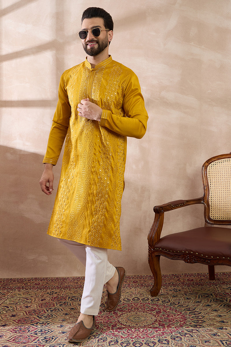 Mustard Silk Blend Embroidered Mandarin Collar Straight Kurta With Trouser| SHOBITAM