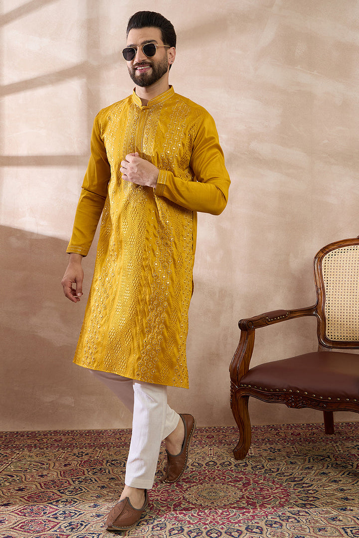 Mustard Silk Blend Embroidered Mandarin Collar Straight Kurta With Trouser| SHOBITAM