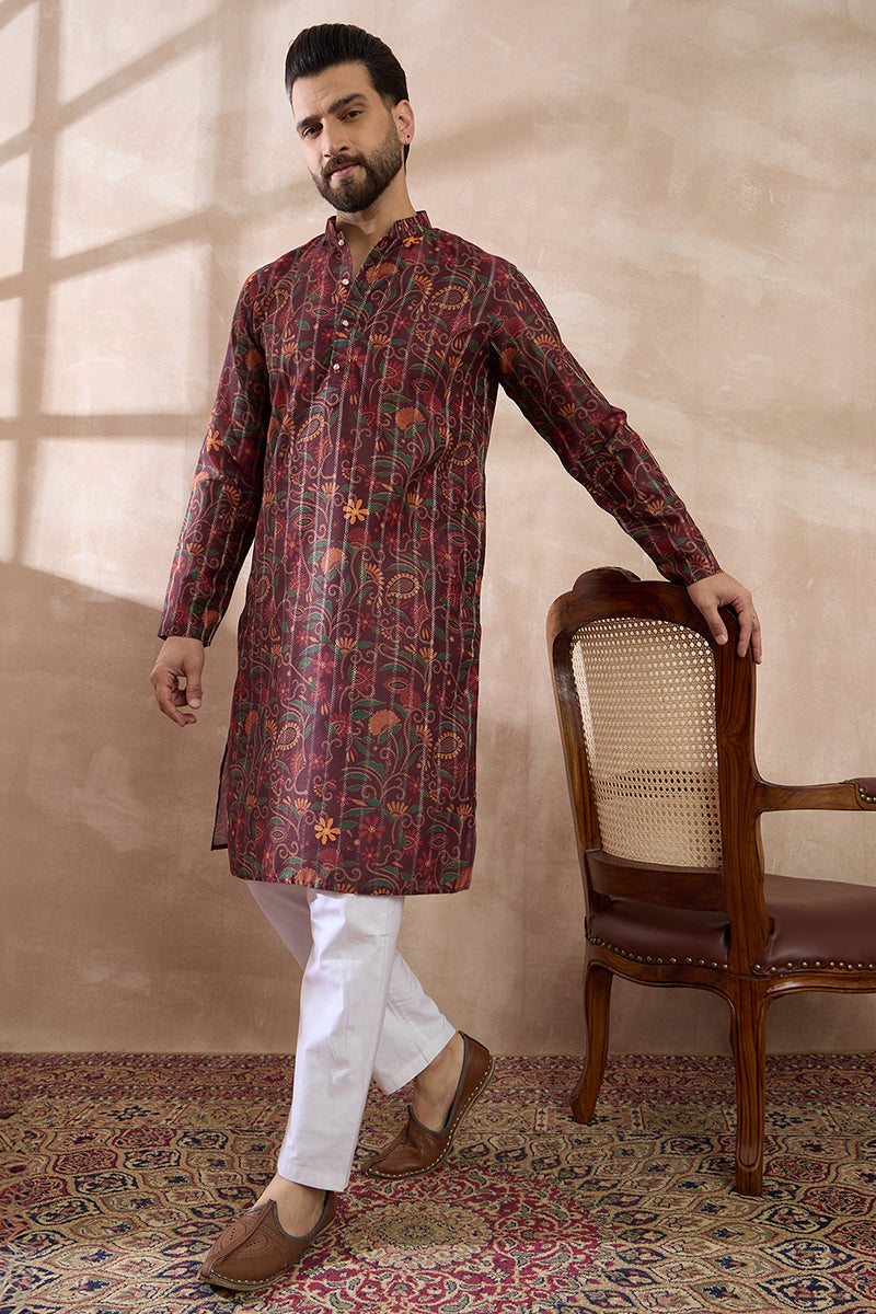 Maroon Silk Blend Printed Mandarin Collar Straight Kurta With Trouser | SHOBITAM